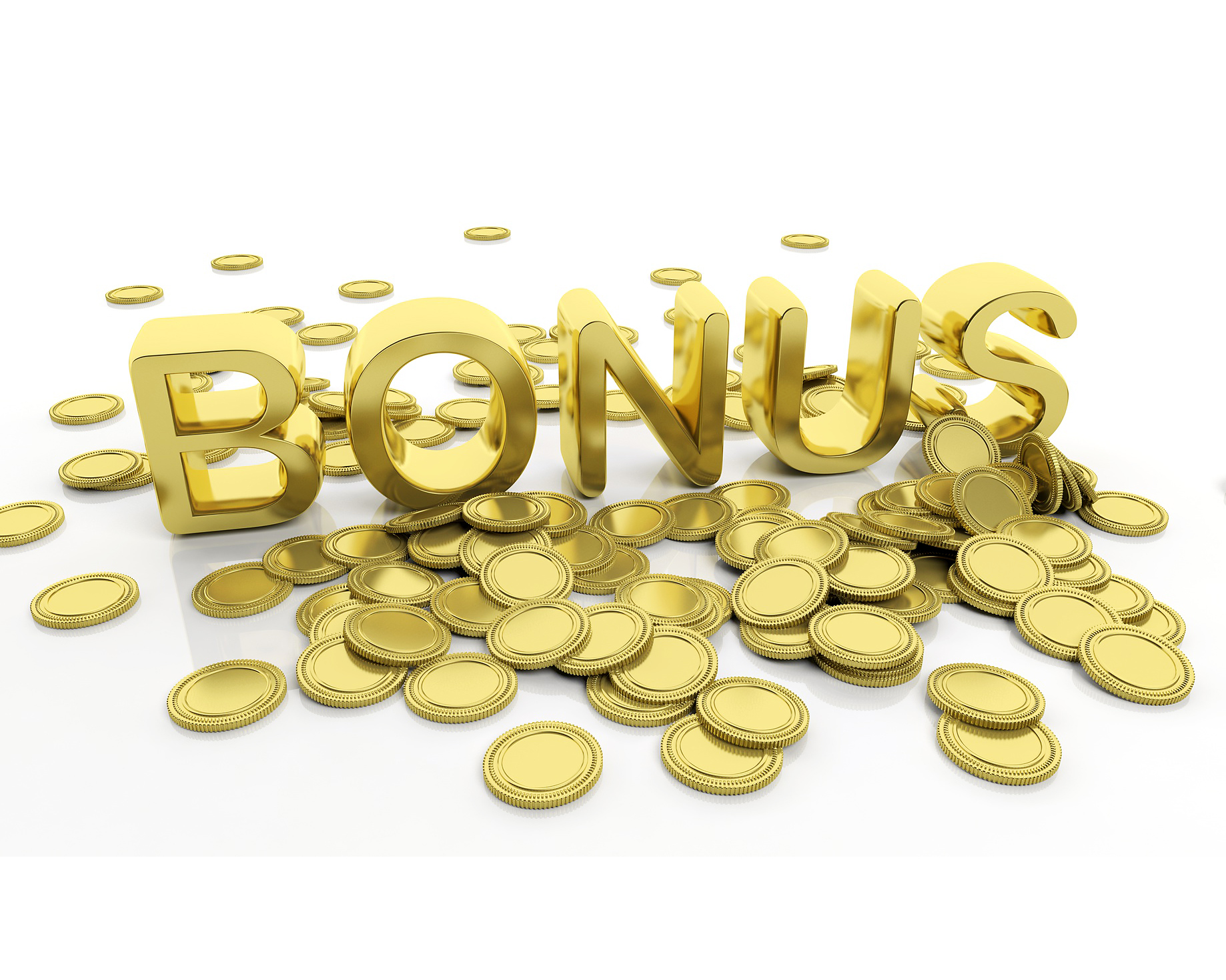 Слово бонус в золотом слитке и куча монеток вокруг